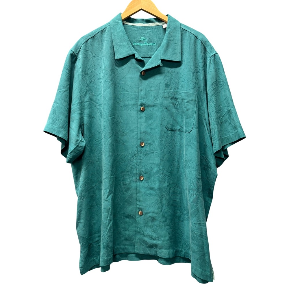 Tommy Bahama Silk Shirt Button Up Mens XXL Floral Teal Blue Coastal Tropical